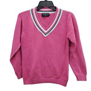 Duffield Lane Women's Hot Pink Preppy Barbiecore Private School V-Neck Sweater M